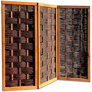 3-teiliger Noor Paravent Deluxe aus Weide mit Holzrahmen, Naturfarben, als Sichtschutz für Garten & Terrasse.