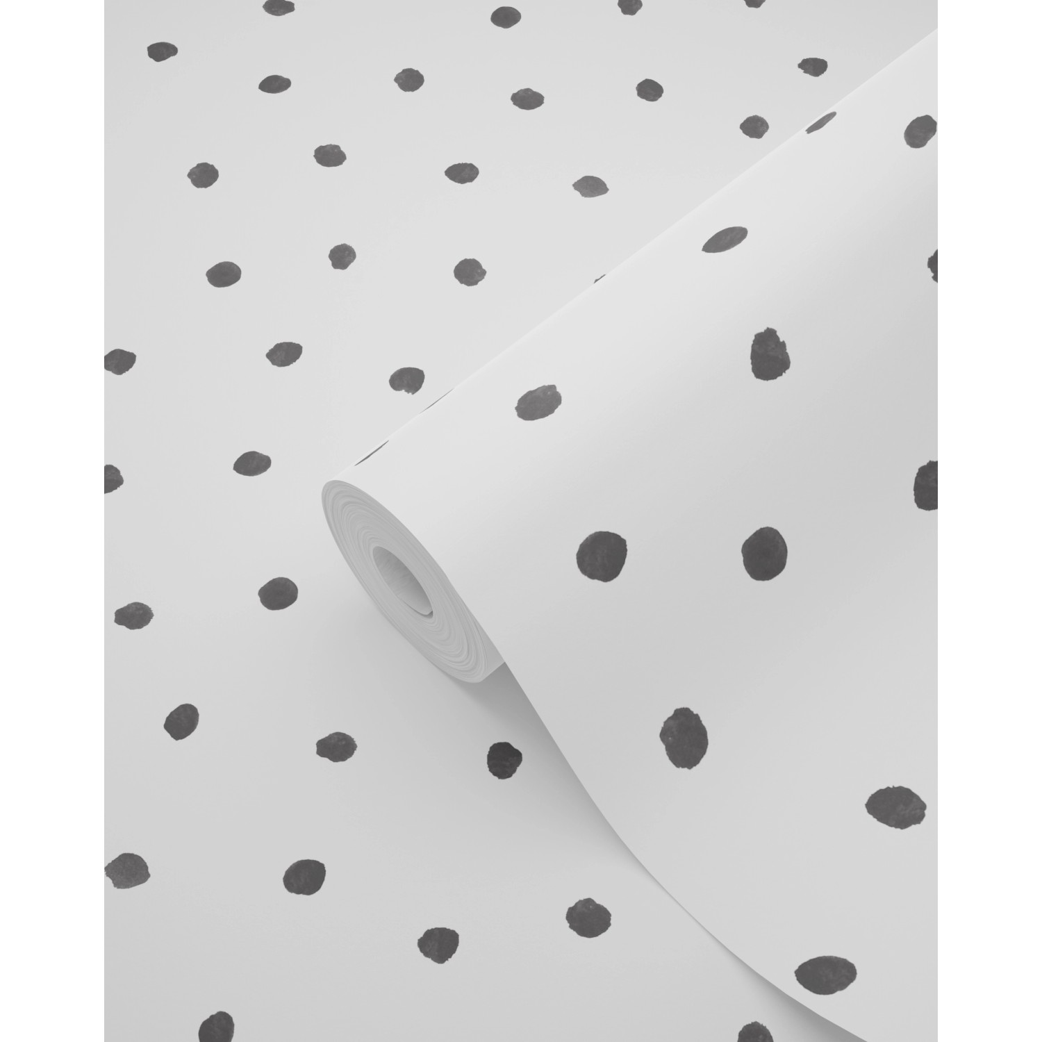 ESTAhome Vliestapete mit schwarzen Punkten auf weißem Grund, Rolle teilweise aufgerollt.