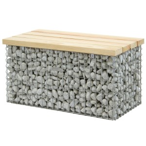 Gabionenbank mittel, 105 cm breit, mit Sitzfläche aus Douglasienholz und Steinfüllung.
