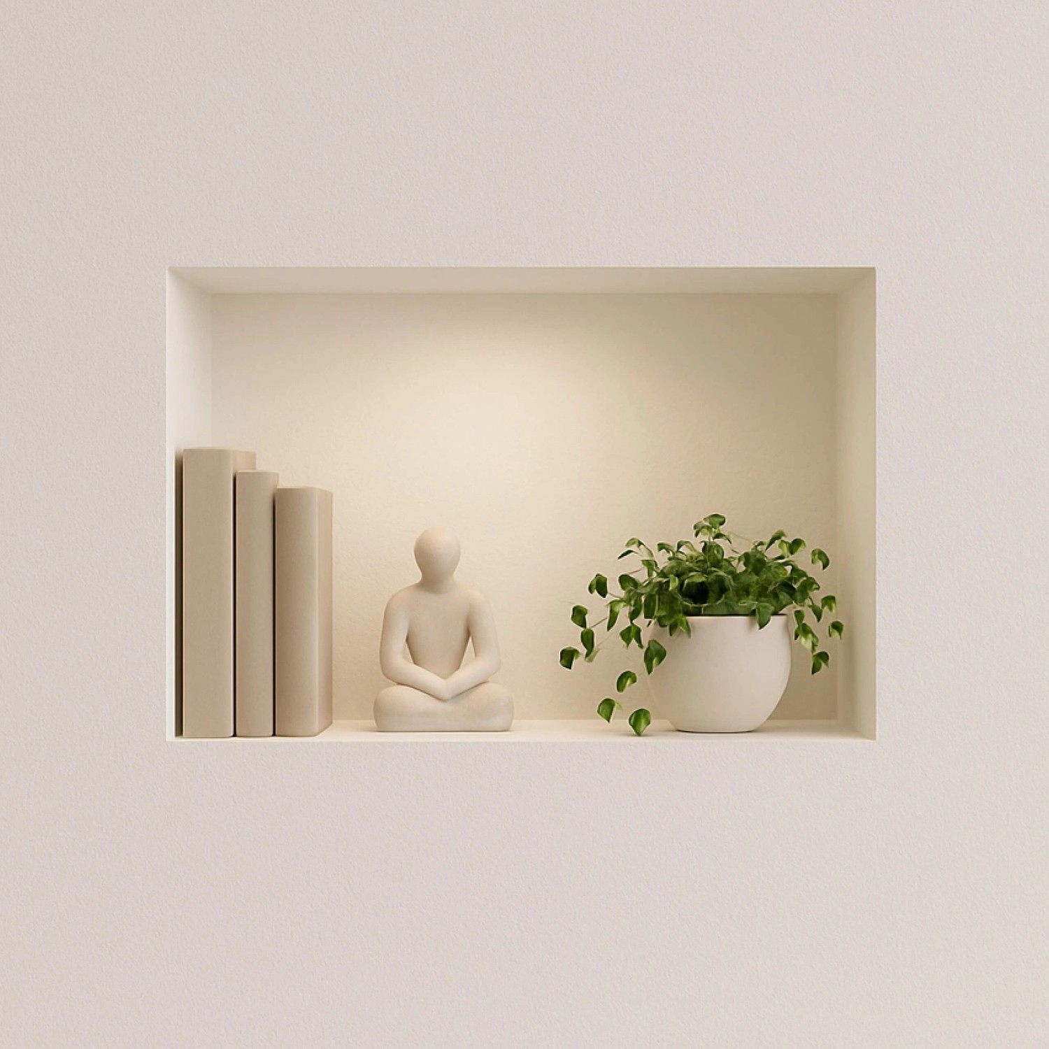 Dalsys Wandnische Dusche 30x60, mit Deko-Elementen wie Bücher, Figur und Pflanze.