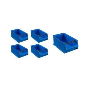 Set aus 5 blauen PROREGAL Sichtlagerboxen (7,2 Liter) mit Griffstange, ideal für Aufbewahrungssysteme.