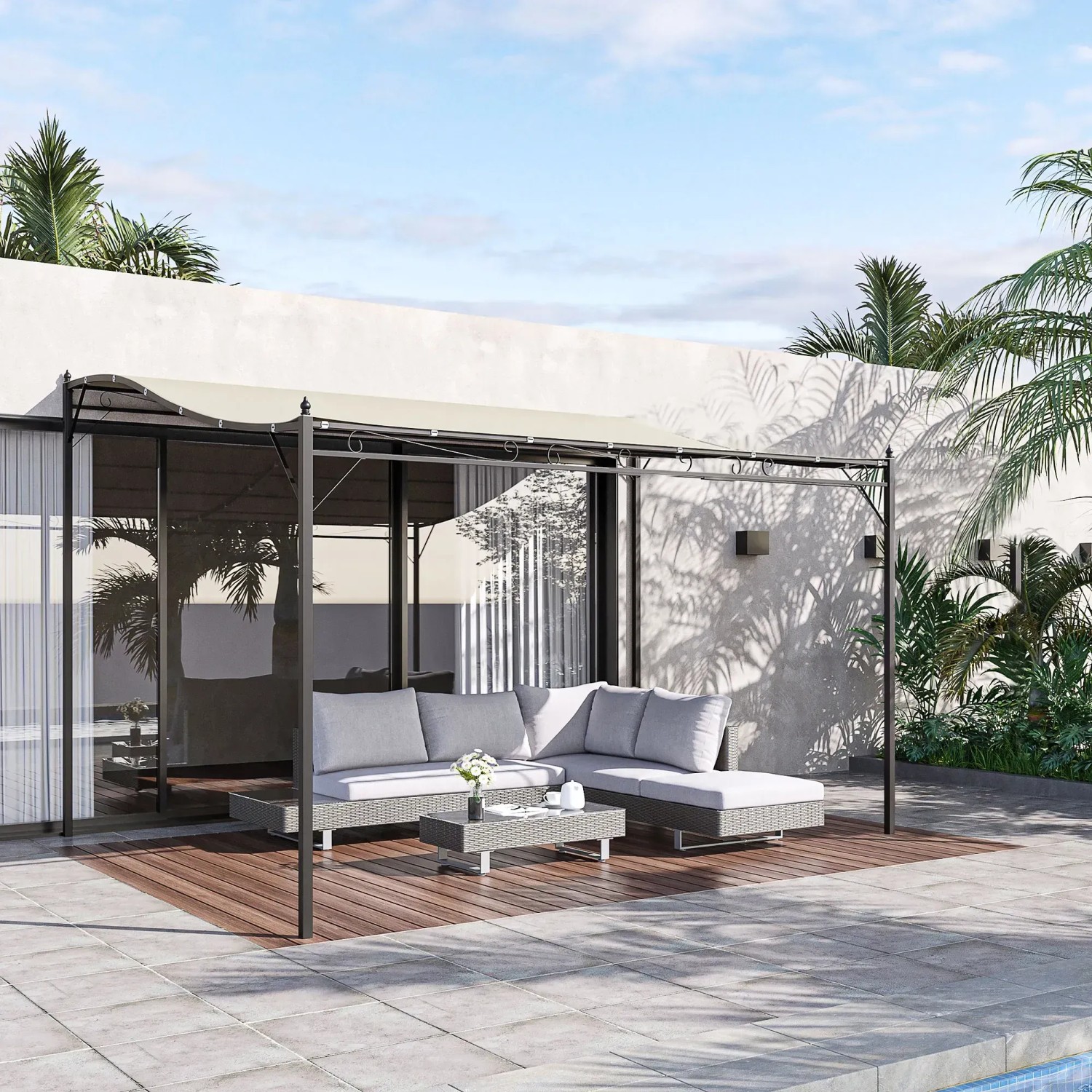 Outsunny Pergola Gazebo, cremeweiß, mit Metallrahmen und Stoffdach, auf Terrasse mit Sitzgruppe.