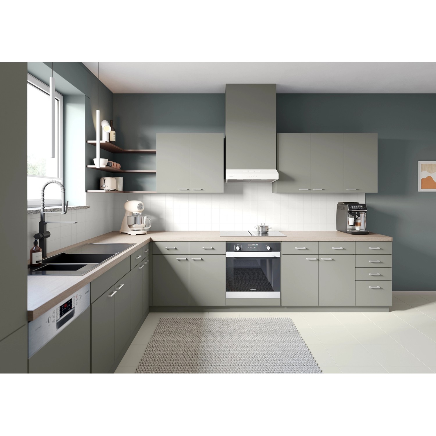 Küche mit Möbeln im Farbton Granit, lackiert mit Alpina Möbel-Lack Bad & Küche.