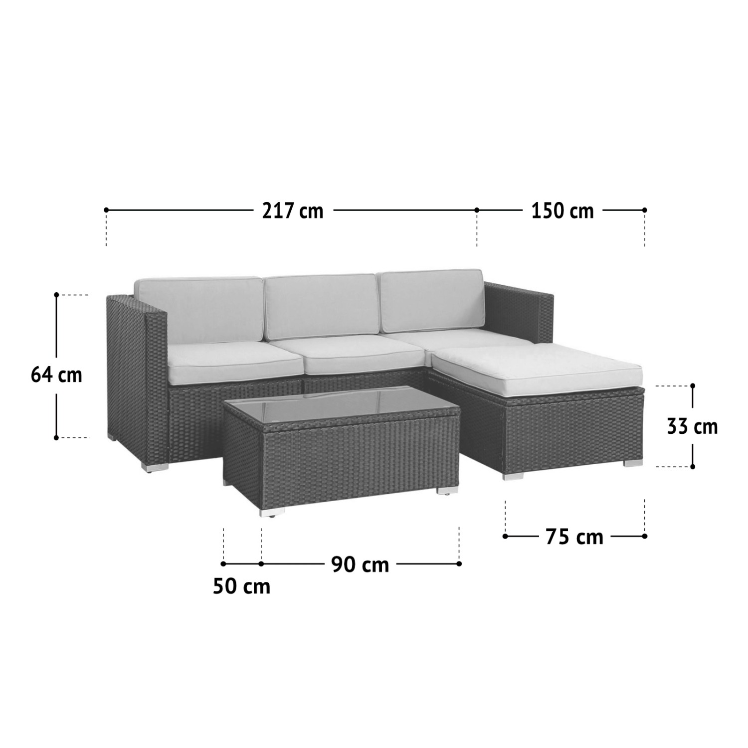 Svita California XL Gartenlounge aus Polyrattan mit Sessel, Tisch und Kissenbox in Schwarz, Maße