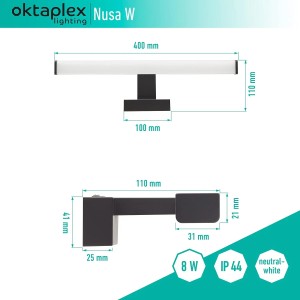 Oktaplex LED Spiegelleuchte 40cm, schwarze Wandleuchte mit neutralweißem Licht (4000K), Maße.