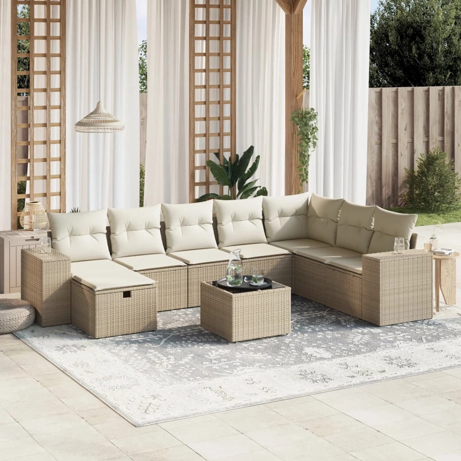 Beige 9-teilige vidaXL Garten-Sofagarnitur aus Polyrattan mit Kissen. Gartenmöbel-Set mit Tisch und Sitzelementen.