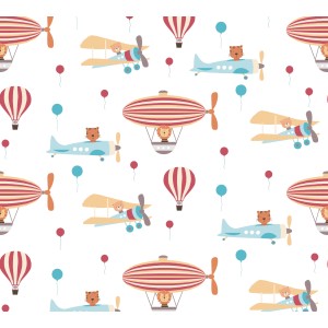 Bunte Vliestapete mit Tieren, Flugzeugen und Luftballons für das Kinderzimmer.