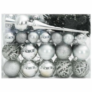 vidaXL Weihnachtskugel-Set, 61-tlg., silber, Kunststoff, mit 150 LEDs und Baumspitze. Glitzernde und matte Kugeln.