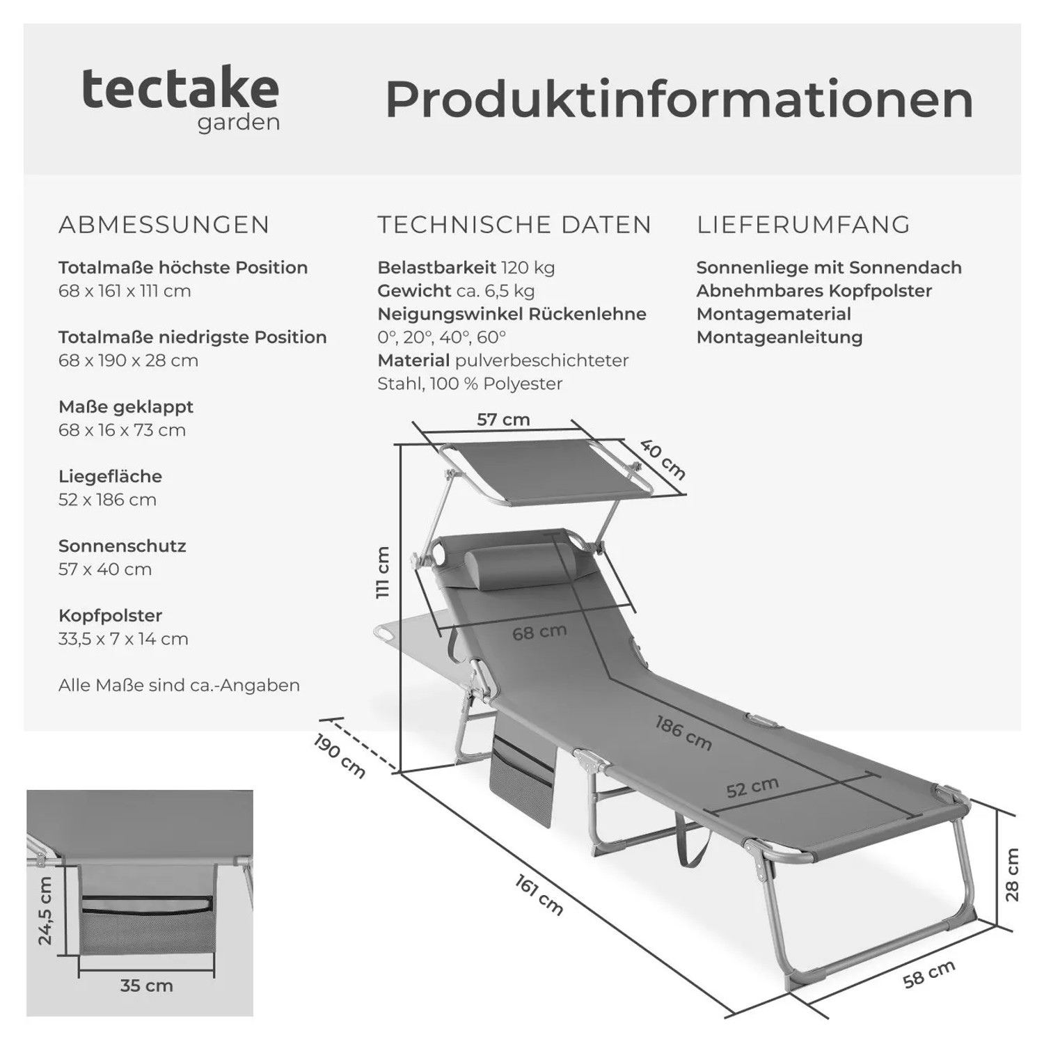 Graue Tectake Sonnenliege Chloé mit verstellbarem Sonnendach, Kopfpolster und Seitentasche. Klappbare Gartenliege.