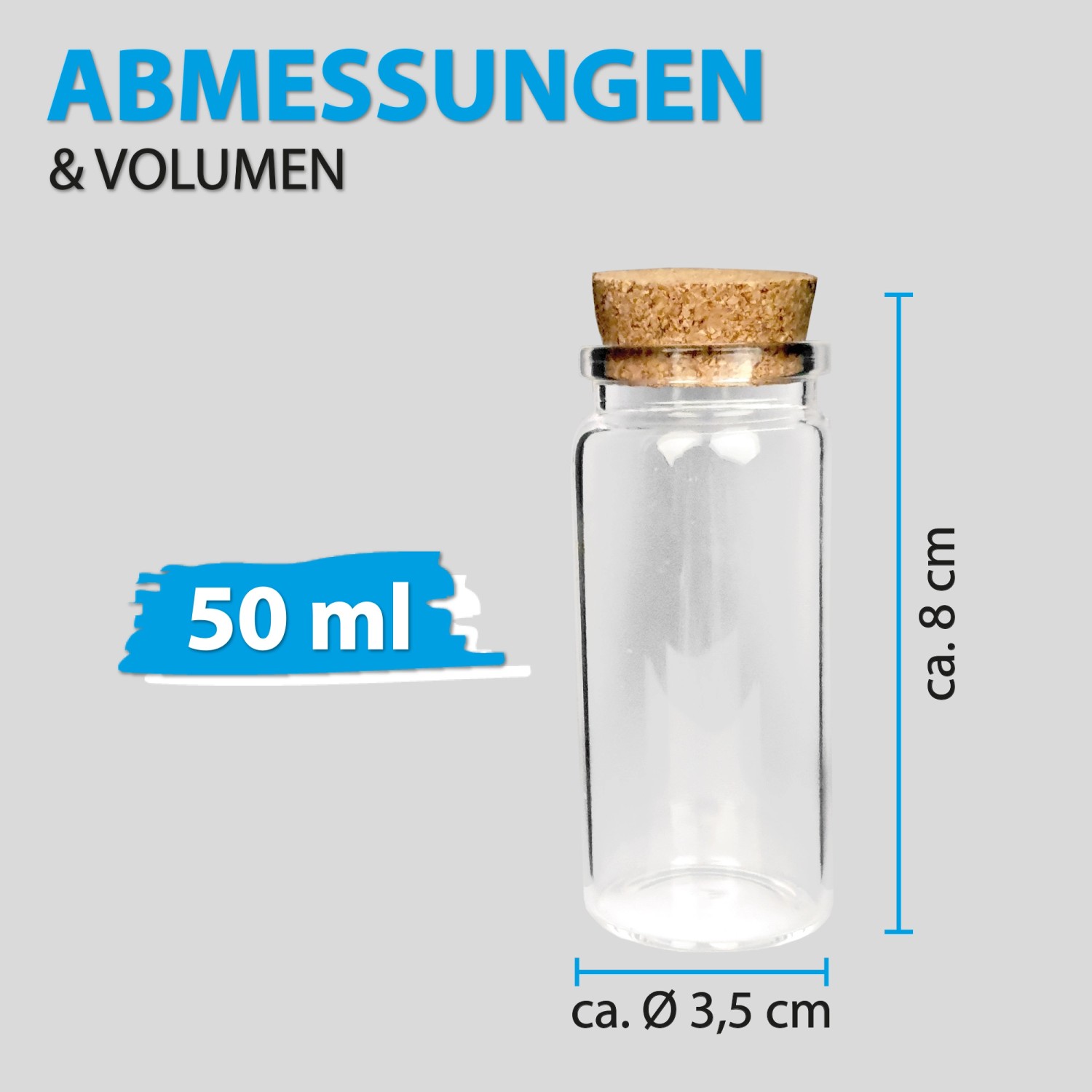 Klares Bestlivings Glasfläschchen (50 ml) mit Korken, ideal für Öle und Gewürze.