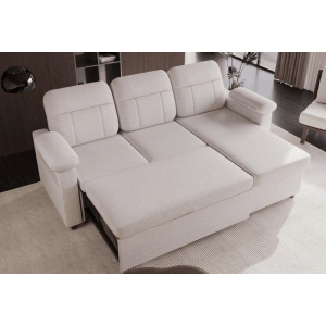 Helles HOMAVO Ecksofa in L-Form mit Schlaffunktion und Stauraum, Recamiere links oder rechts montierbar.