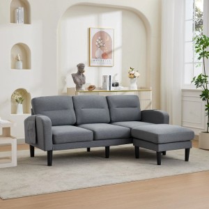 Graues Merax L-Sofa mit Chaiselongue und Seitentasche. Modulares Ecksofa für flexible Wohnraumgestaltung.