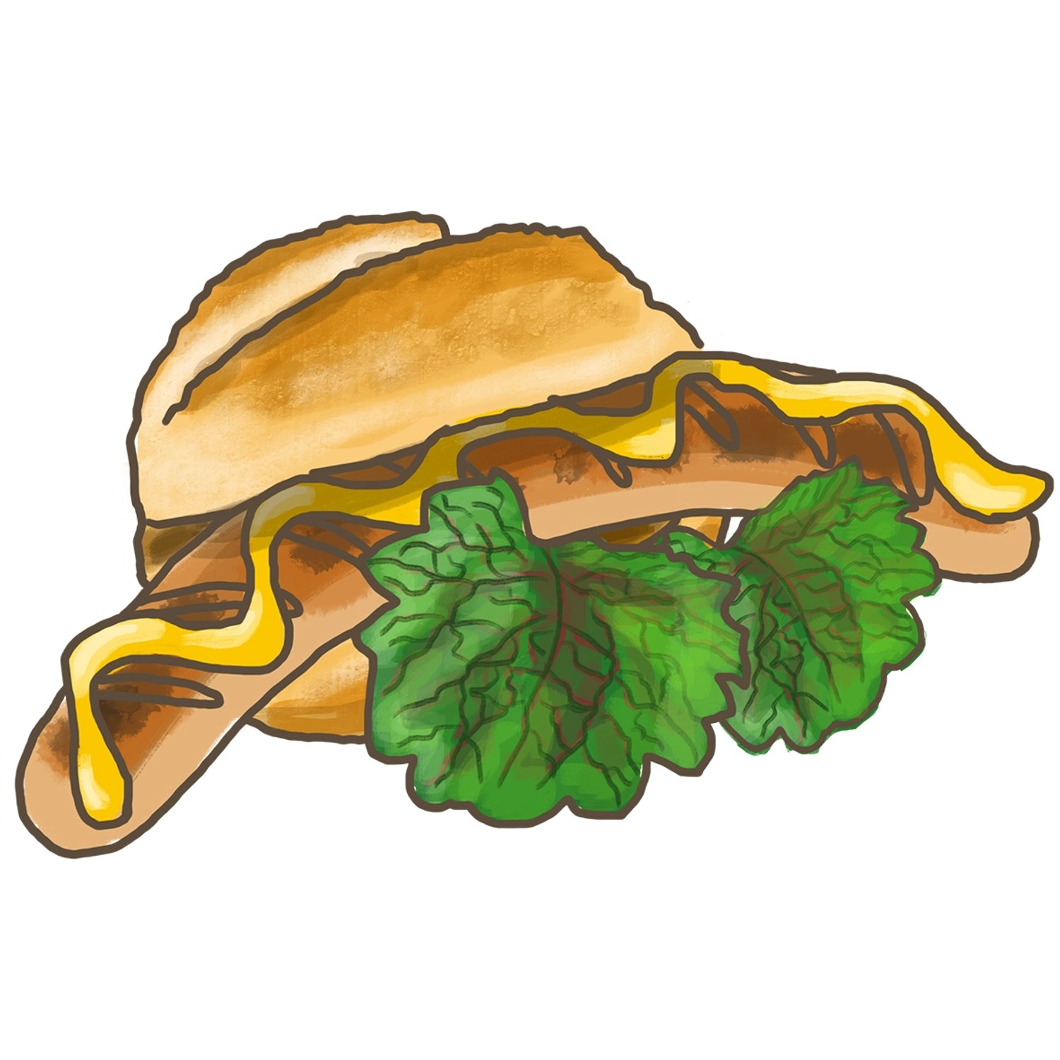 Illustration eines Brötchens mit Wurst, Senf und Blattsenf (Blu Bio-Blattsenf).