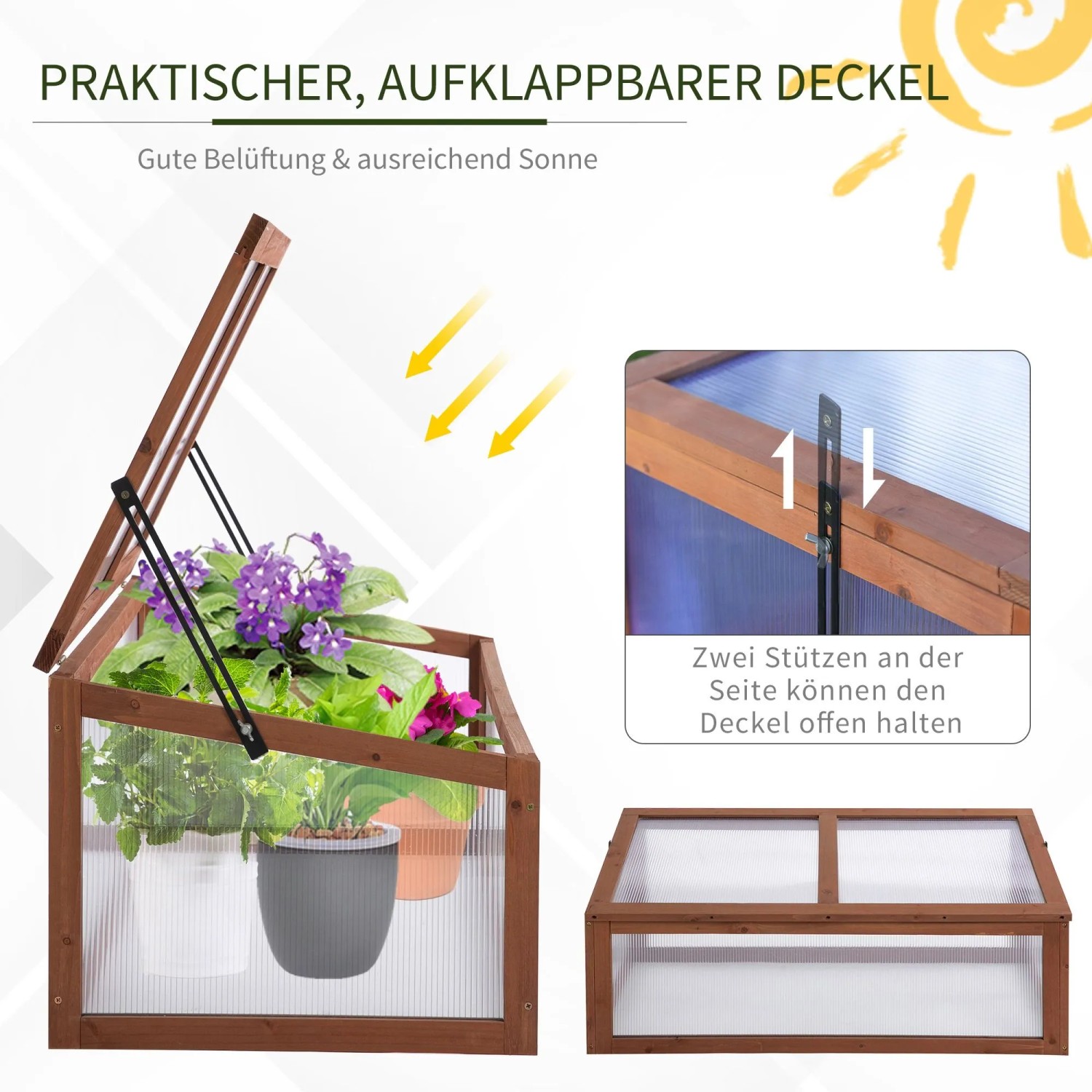 Outsunny Tannenholz Gewächshaus mit Polycarbonat-Platten, offen mit Pflanzen. Ideal als Frühbeet für Schutz & Belüftung.