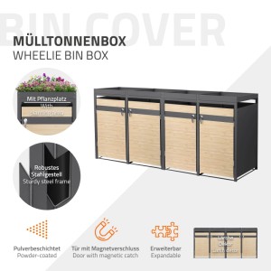 Anthrazit Mülltonnenbox 4er mit Lärchenoptik Türen und Pflanzdach. Robuster Stahl, abschließbar, erweiterbar für 240L Tonnen.