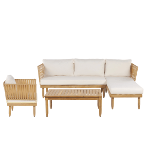 Beliani Lounge Set CREMONA cremeweiß: Gartenmöbel Set mit Sofa, Sessel und Tisch aus Akazienholz.