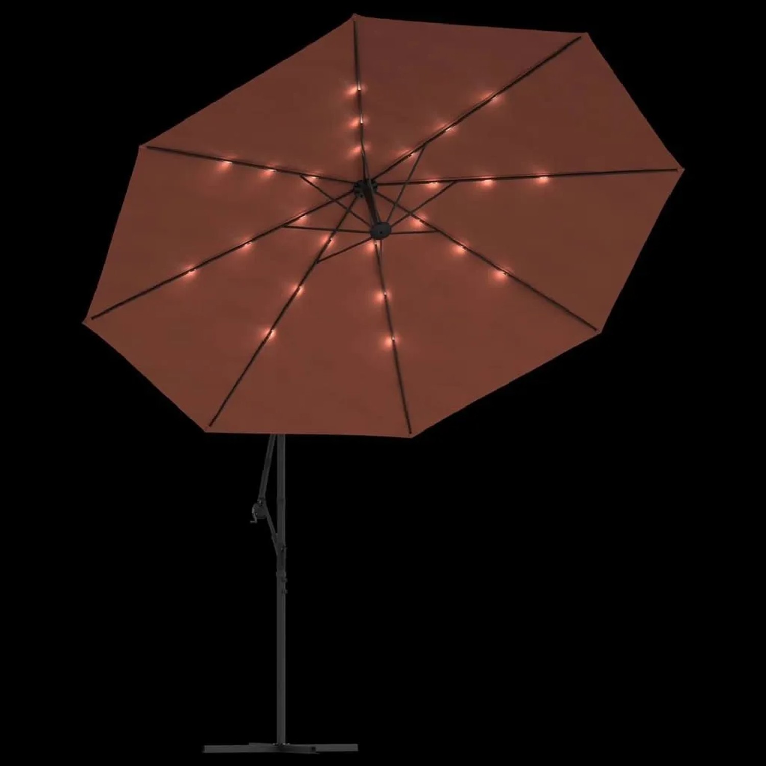 Terrakotta Ampelschirm mit leuchtenden LEDs, stabilem Stahlmast und Kreuzfuß. Perfekt für Garten & Terrasse.