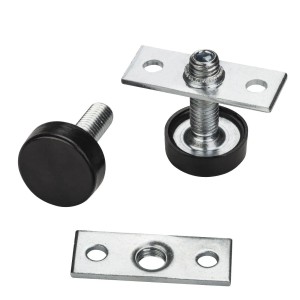 SOTECH Verstellfüße M8 mit Montageplatte aus verzinktem Stahl und schwarzem Kunststoff für Möbelgleiter.