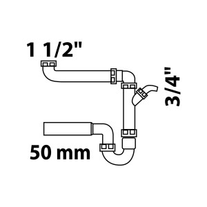 Skizze: Weißer Raumspar-Spültisch-Röhrensiphon, 44,9 mm x 50 mm, mit Geräteanschluss.