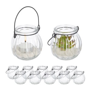 Relaxdays Windlicht Glas Eisen Transparent Schwarz mit Henkel 12er Set 13,5 cm x 8 cm 130 g