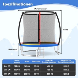 Costway Trampolin Outdoor Ø244 cm, buntes Gartentrampolin mit Sicherheitsnetz und Leiter.