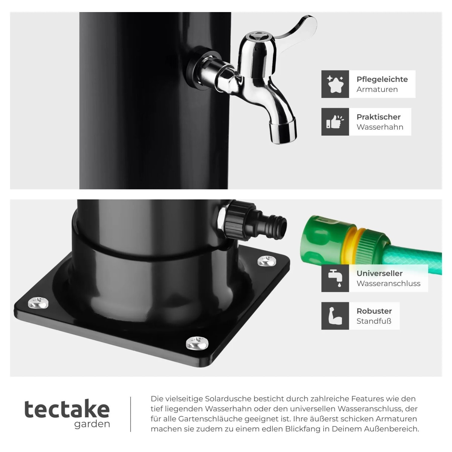 Detailaufnahme Solardusche: Wasserhahn, Schlauchanschluss und Standfuß.