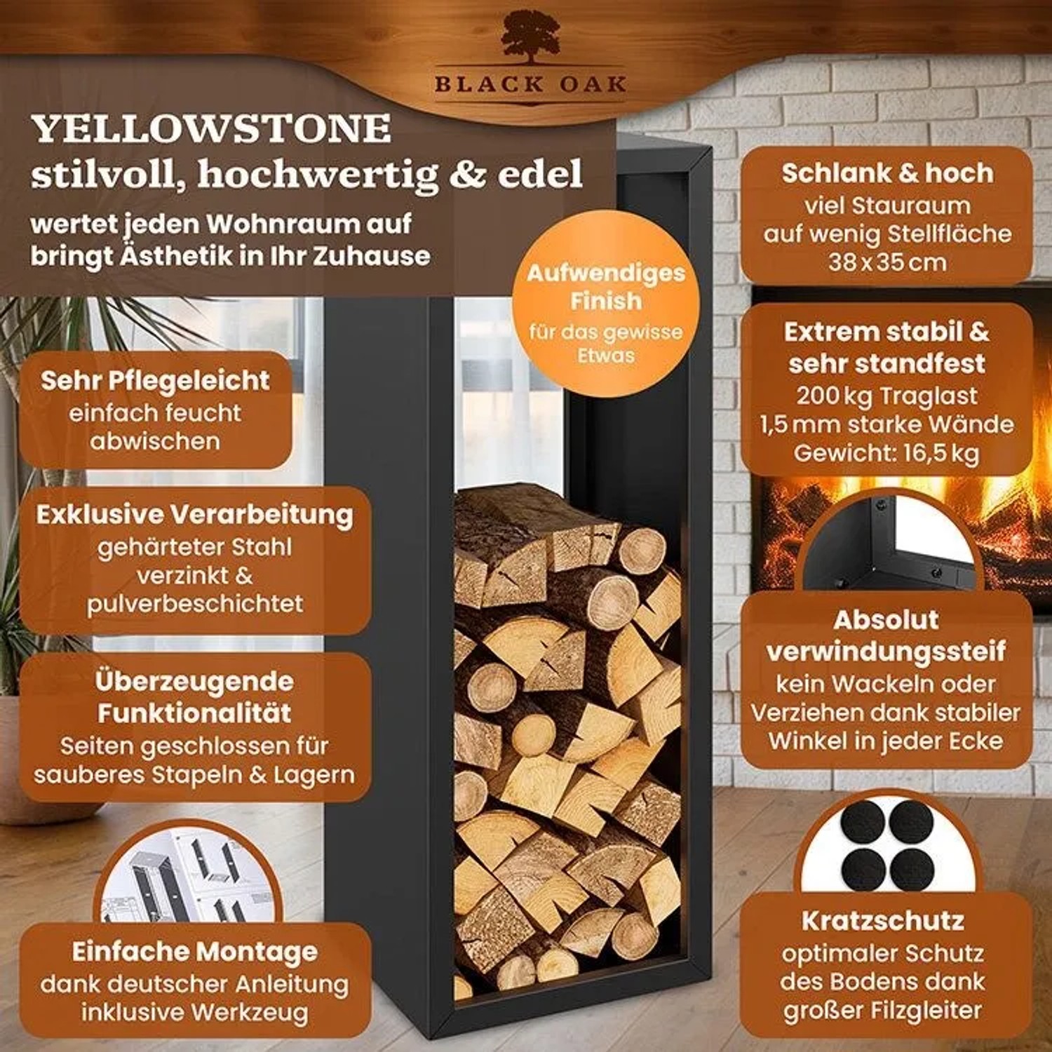 BLACK OAK Kaminholzregal YELLOWSTONE aus Stahl, pulverbeschichtet, für Kaminholz im Innenbereich.