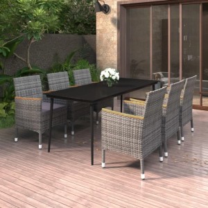 7-tlg. Garten-Essgruppe aus grauem Rattan mit schwarzem Tisch und grauen Kissen.