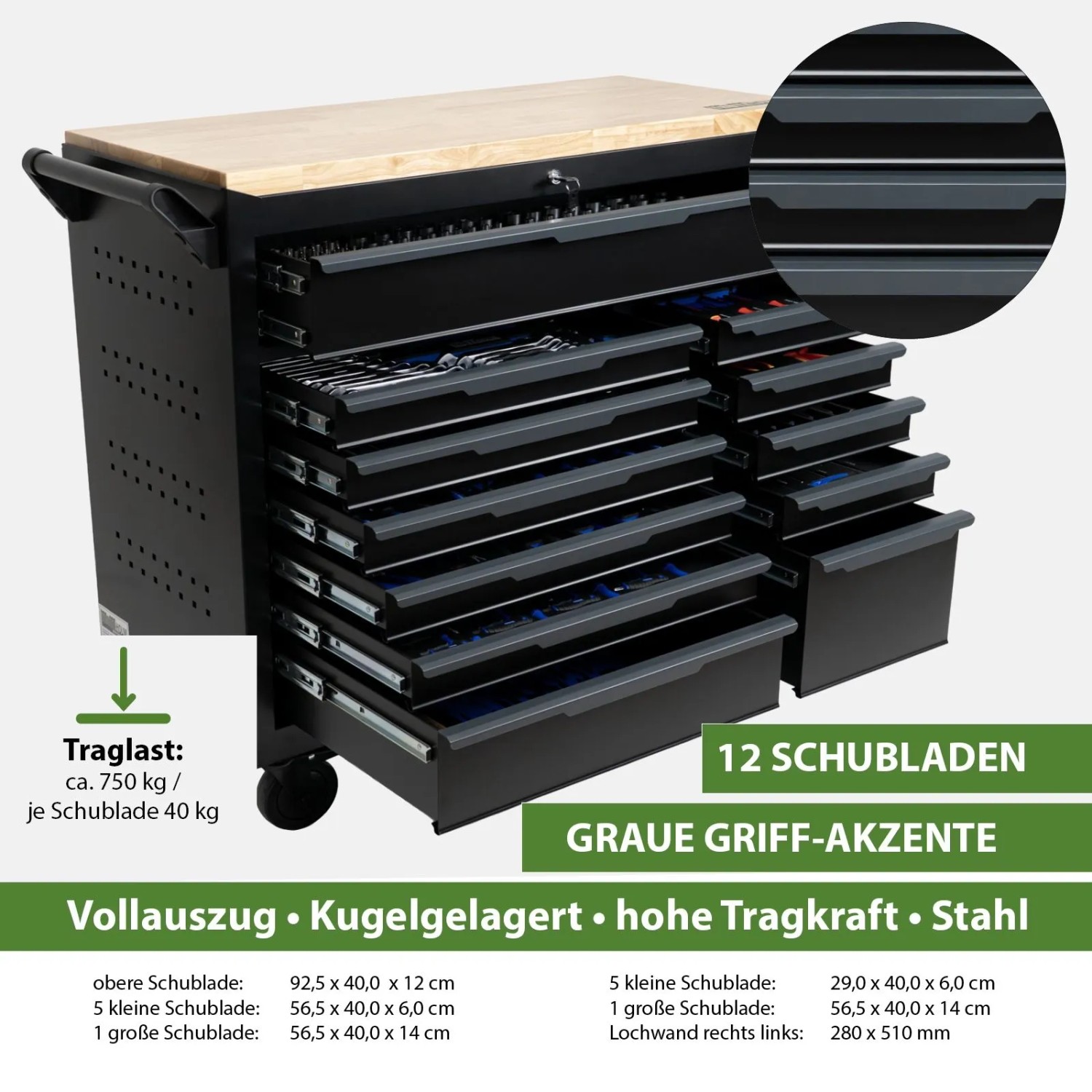 TRUTZHOLM Werkstattwagen Star XL, schwarz/anthrazit, mit Hartholz-Arbeitsplatte und 12 offenen Schubladen mit Werkzeugeinlagen. Stahl, rollbar.