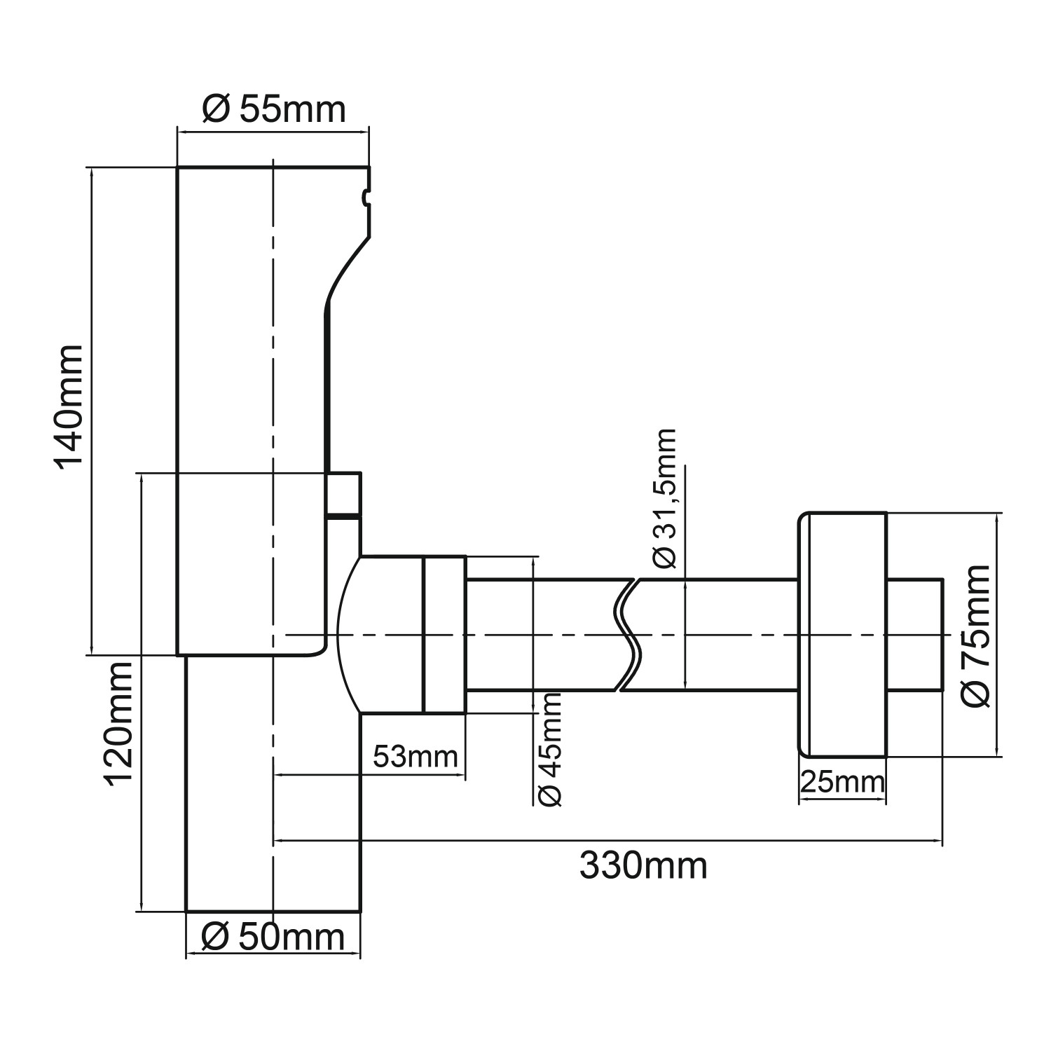 Technische Zeichnung: Baliv Flaschensiphon DS-3440, Siphon für Waschbecken mit Maßen.
