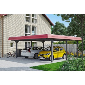 Skan Holz Doppelcarport Wendland in Schiefergrau mit roter Blende und zwei parkenden Autos.