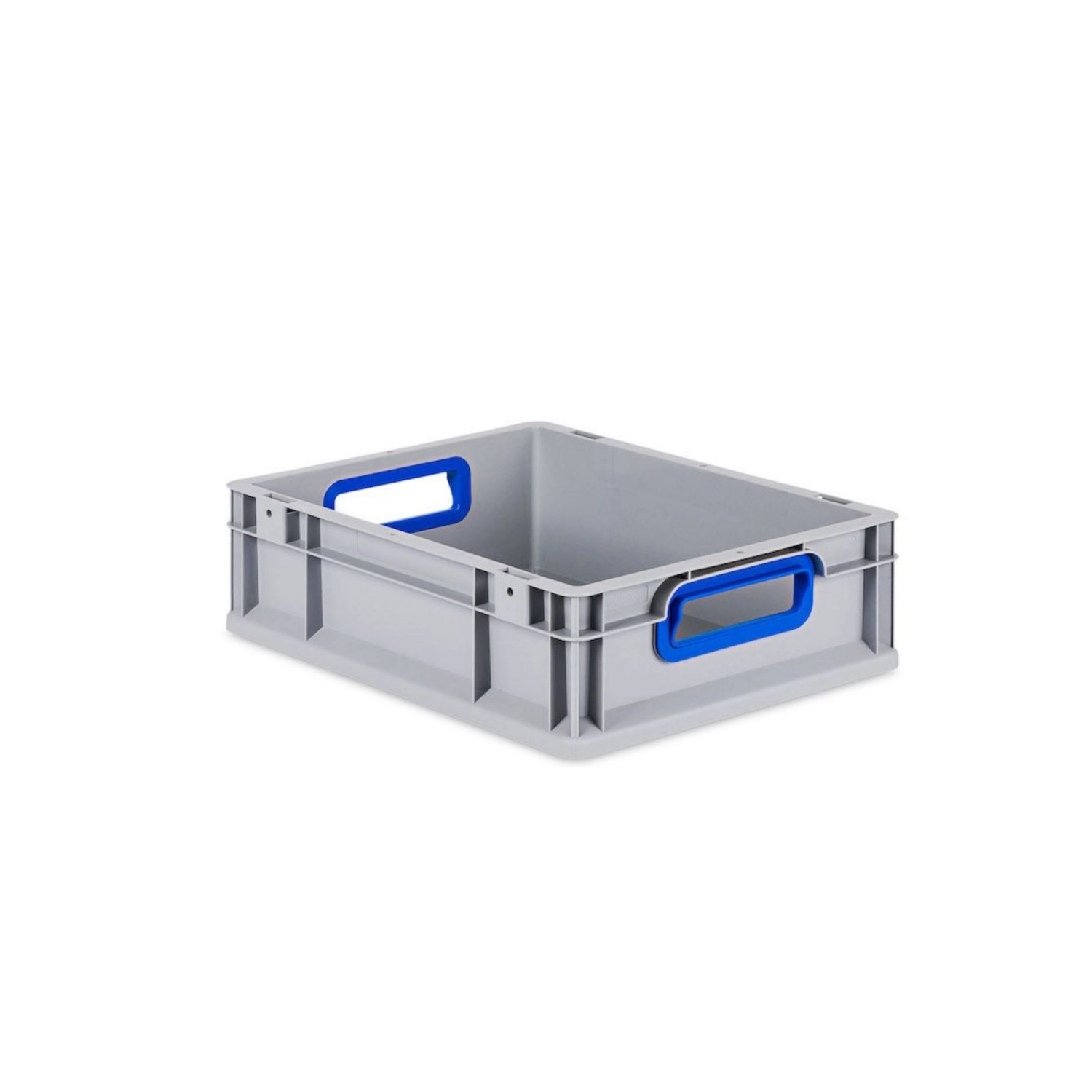 Graue Eurobox Nextgen Color mit blauen Griffen, 12x30x40 cm, für Lagerung und Transport.