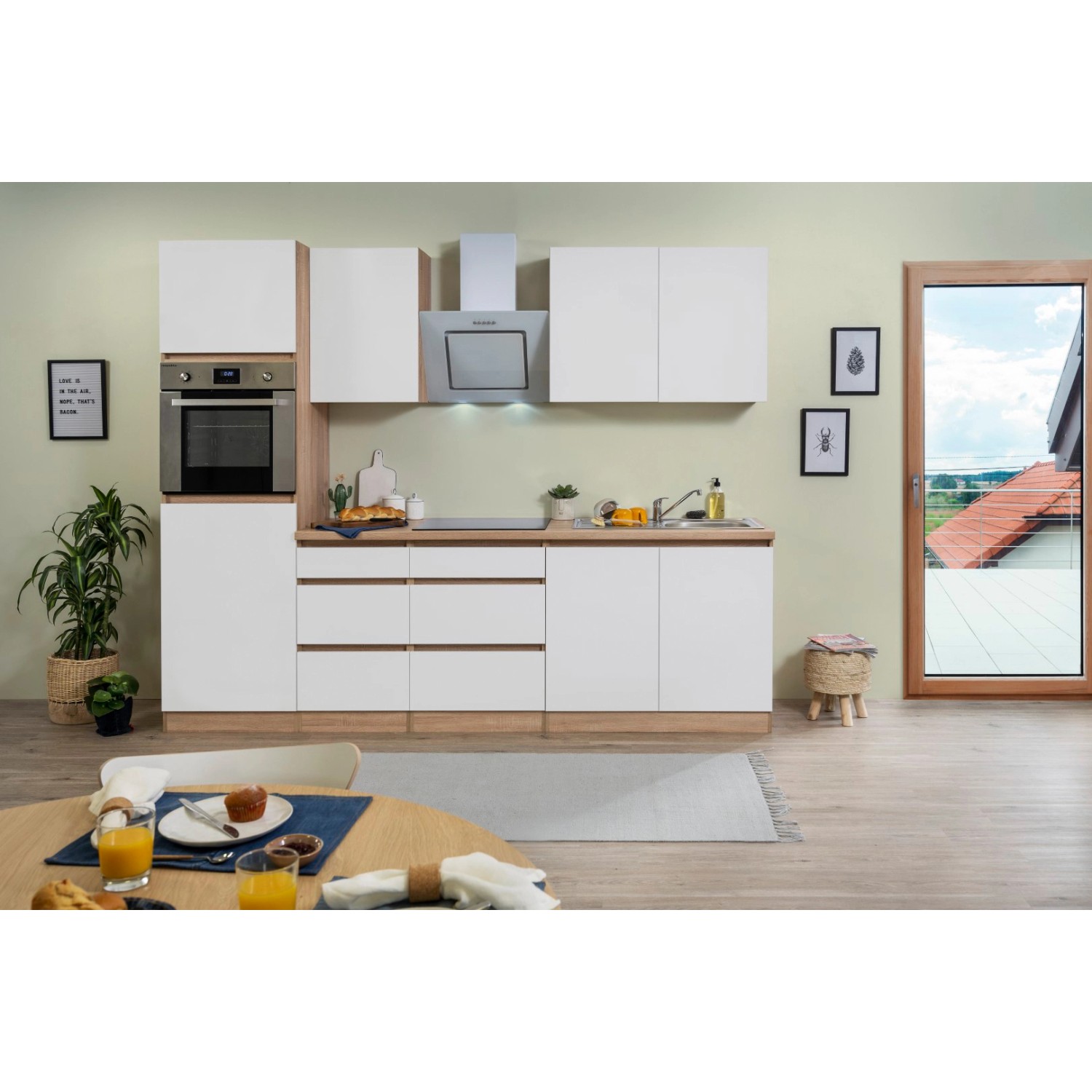 Respekta Küchenzeile/Küchenblock ohne E-Geräte 270 cm Grifflos Weiß Matt-Eiche Sägerau