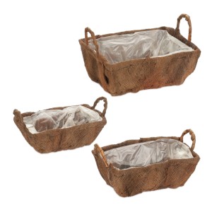 Relaxdays Blumenkasten 3er Set Kokosfaser Tannenholz Natur Mit Griffen 19 cm x 30,5 cm x 24 cm