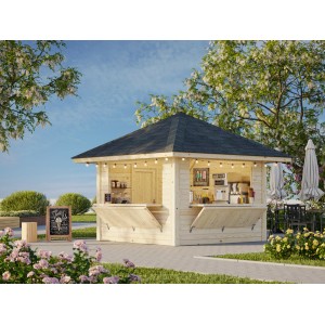 Palmako Marktstand Bianca Set 105, 300x300 cm, weiß lackiert, mit Verkaufsklappen und Tür.