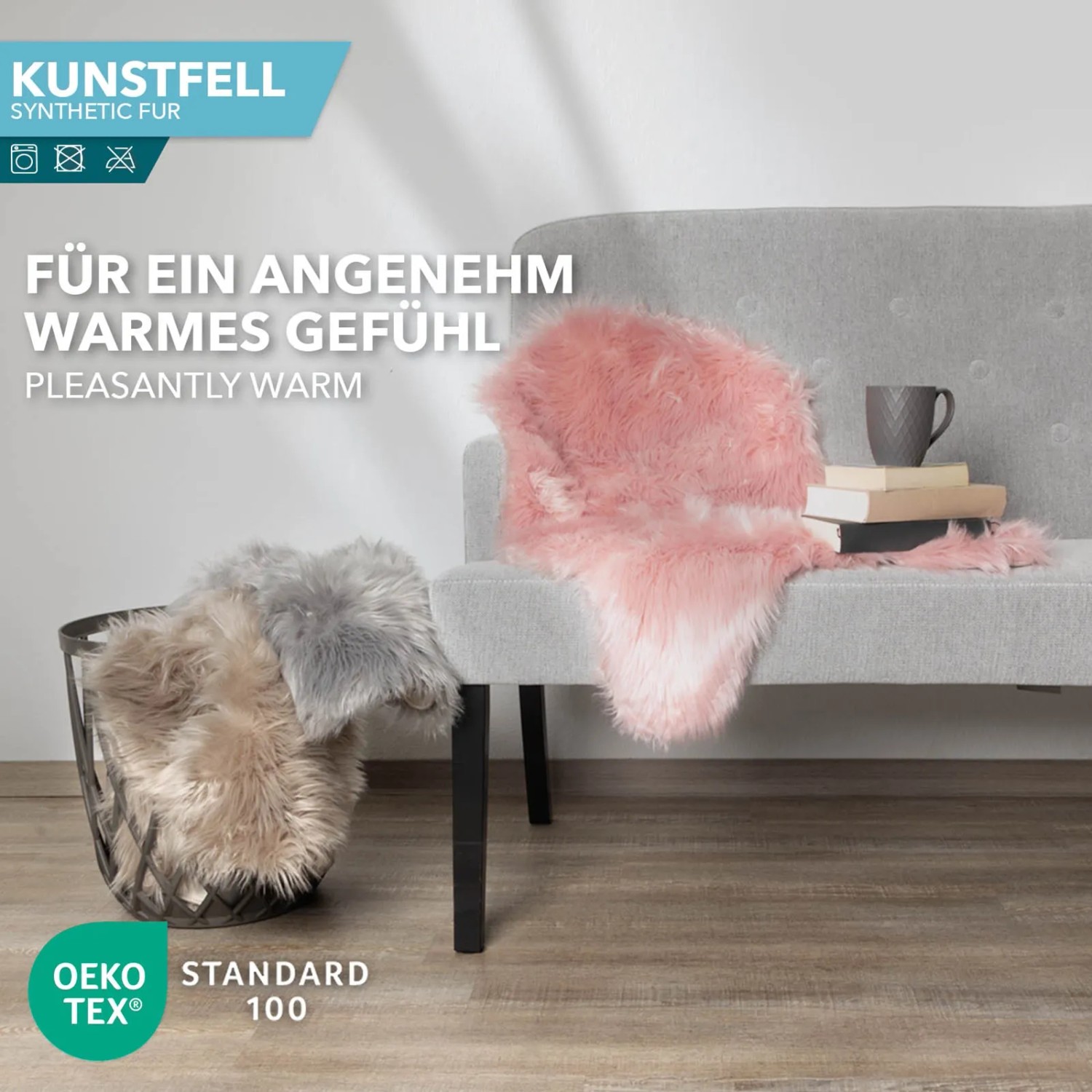 Rosa KARAT Kunstfell Nelly auf Sofa und im Korb. Flauschiges Dekofell für gemütliche Atmosphäre.