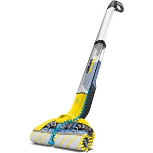 Kärcher FC 3 Cordless Hartbodenreiniger in Gelb/Weiß mit rotierenden Walzen.