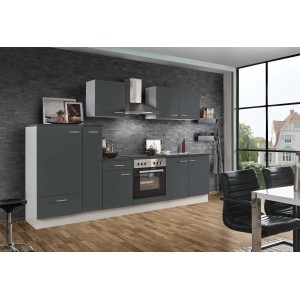 Moderne Menke Küchenzeile White Classic 300 cm in Graphit-Weiß mit Elektrogeräten.