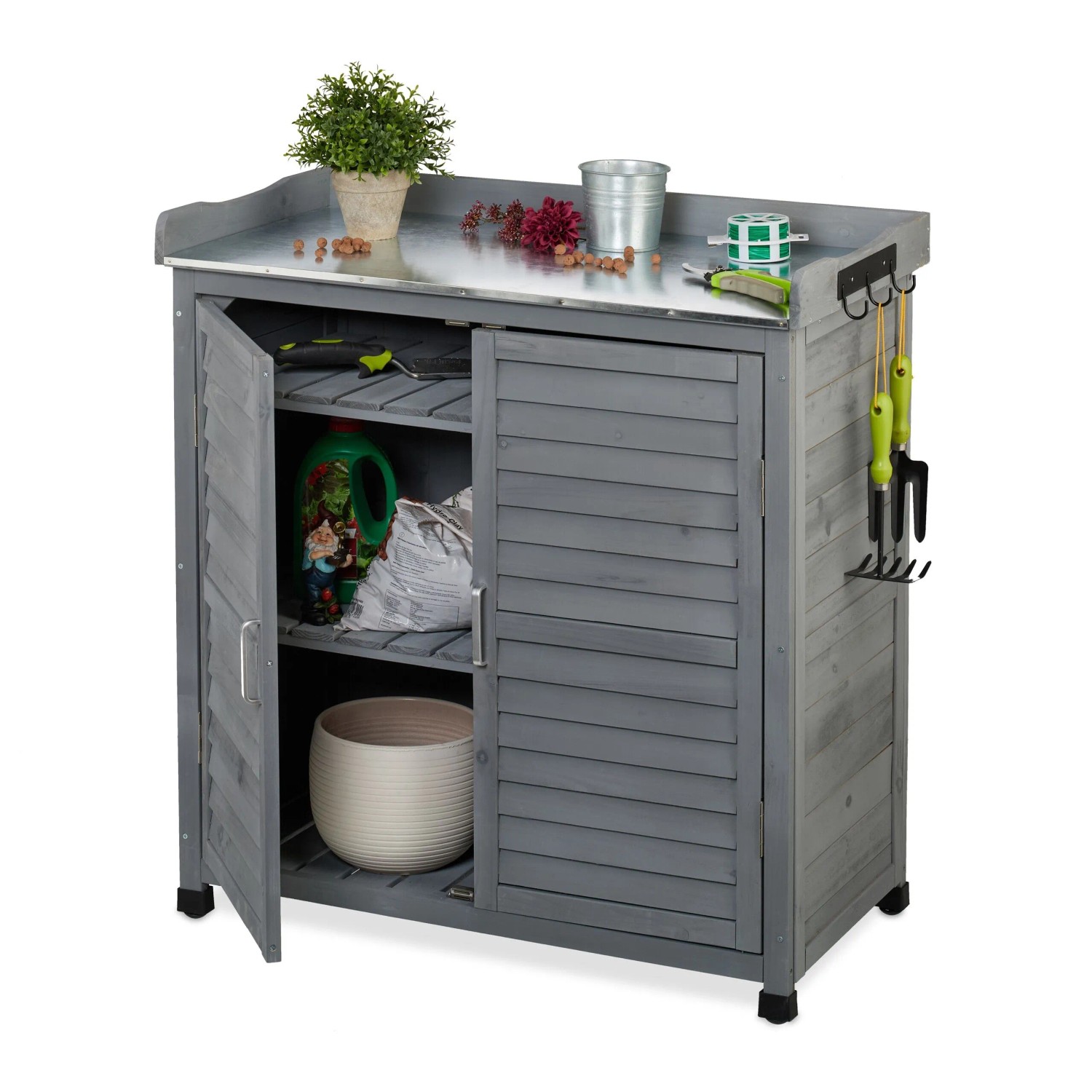 Relaxdays Pflanztisch Tannenholz Grau mit Unterschrank 92 cm x 90 cm x 45 cm 15,7 kg