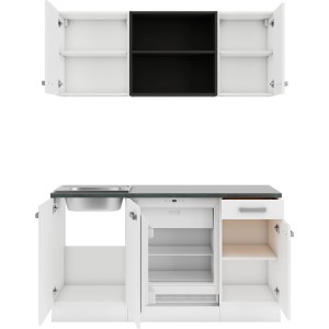 OPTIFIT Oslo214 Miniküche 150 cm Weiß mit Spüle und Kühlschrank, offene Schranktüren.
