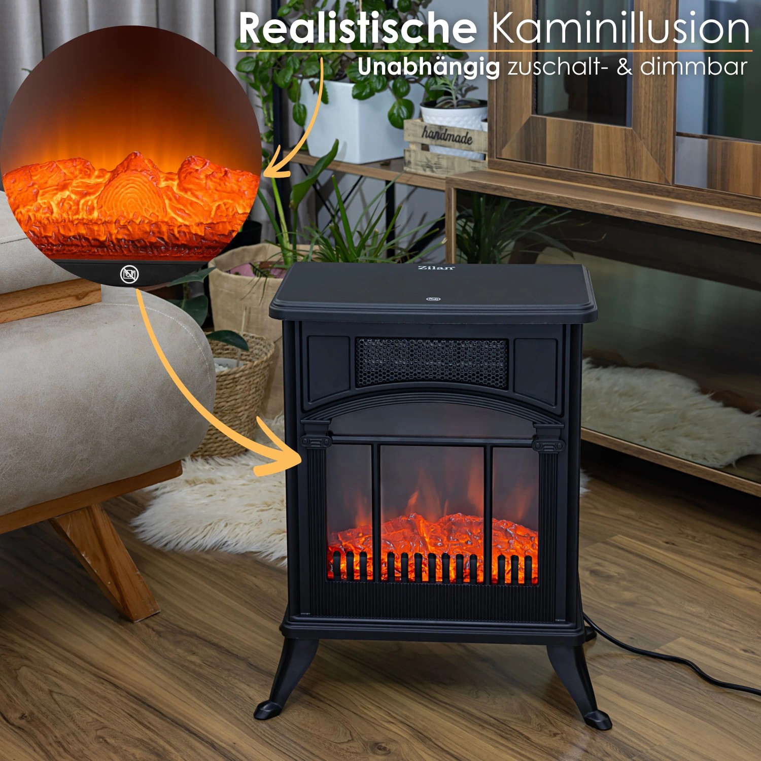 Zilan Heizlüfter ZLN-2051 mit Kaminillusion, 1900W, schwarz. Elektrisches Heizgerät mit Flammeneffekt.
