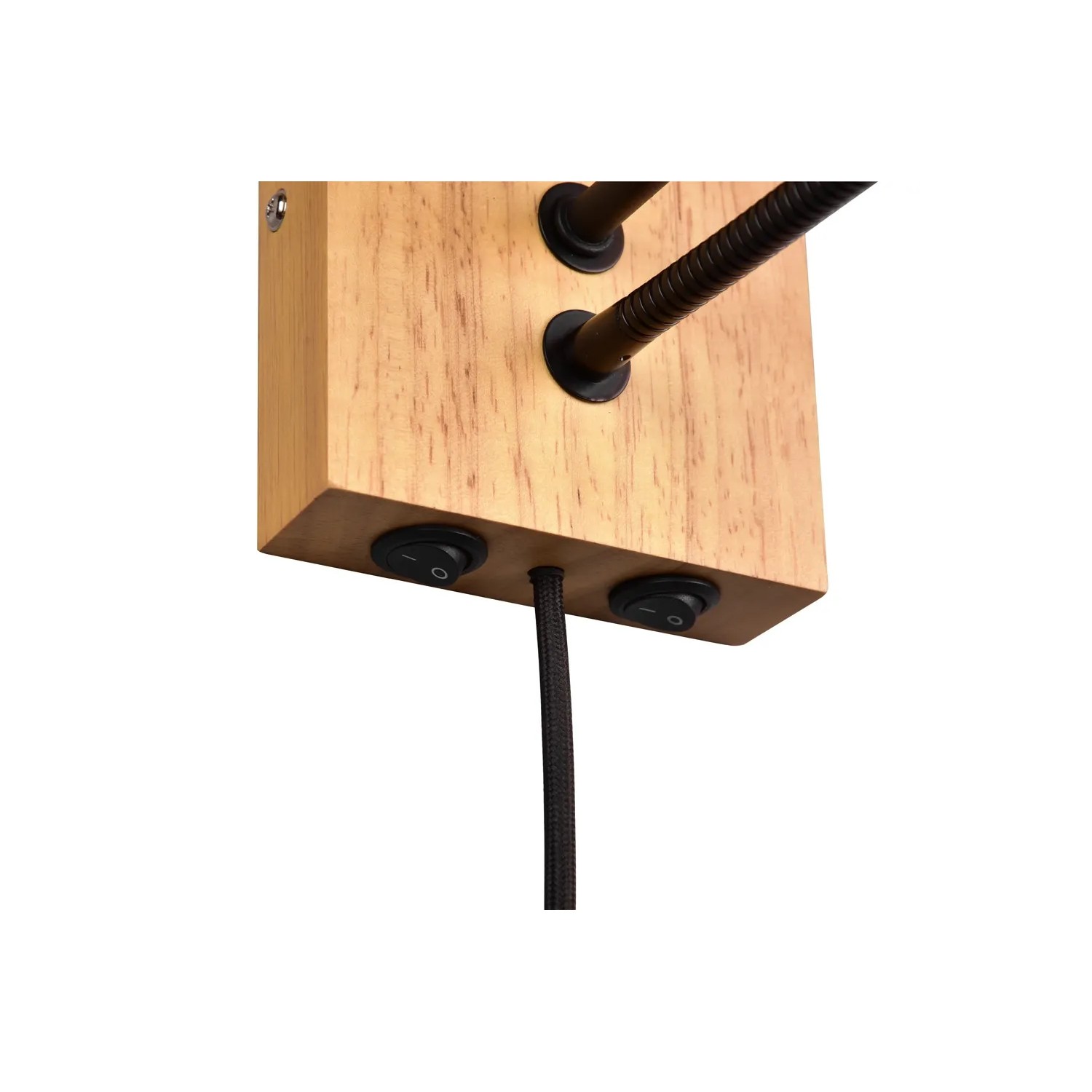 Detailaufnahme der Trio LED-Wandleuchte Nilam mit Holzsockel, Lesearm und Schaltern.