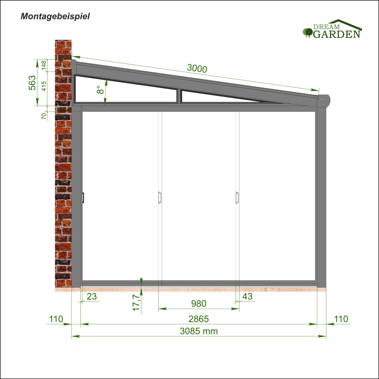 Skizze einer DreamGarden Glasschiebewand 2,9x2,15m, 3-türig, klares Glas, anthrazitfarbenes Aluminium.