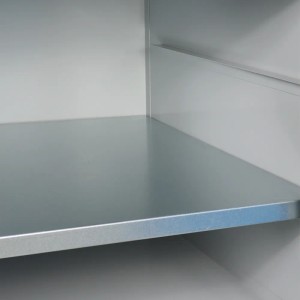 Detailaufnahme: Lichtgraues Regalteil der PROREGAL Werkbank Rhino.