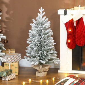 Verschneiter HOMCOM Weihnachtsbaum aus Kunststoff, 90 cm hoch, mit Leinenfuß, als festliche Weihnachtsdekoration.