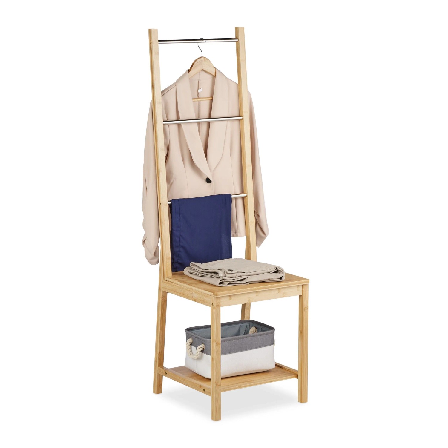 Relaxdays Herrendiener Bambus Edelstahl Natur Silber Mit Sitzfläche 133 cm x 40 cm x 42 cm 5 kg
