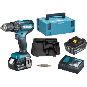 Makita Akku-Schlagbohrschrauber DHP485RTJ Set mit Akkus, Ladegerät und Koffer.