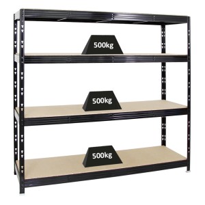 Schwarzes PROREGAL Schwerlastregal Rhino mit vier Spanplatten-Ebenen und Gewichten zur Illustration der Traglast.