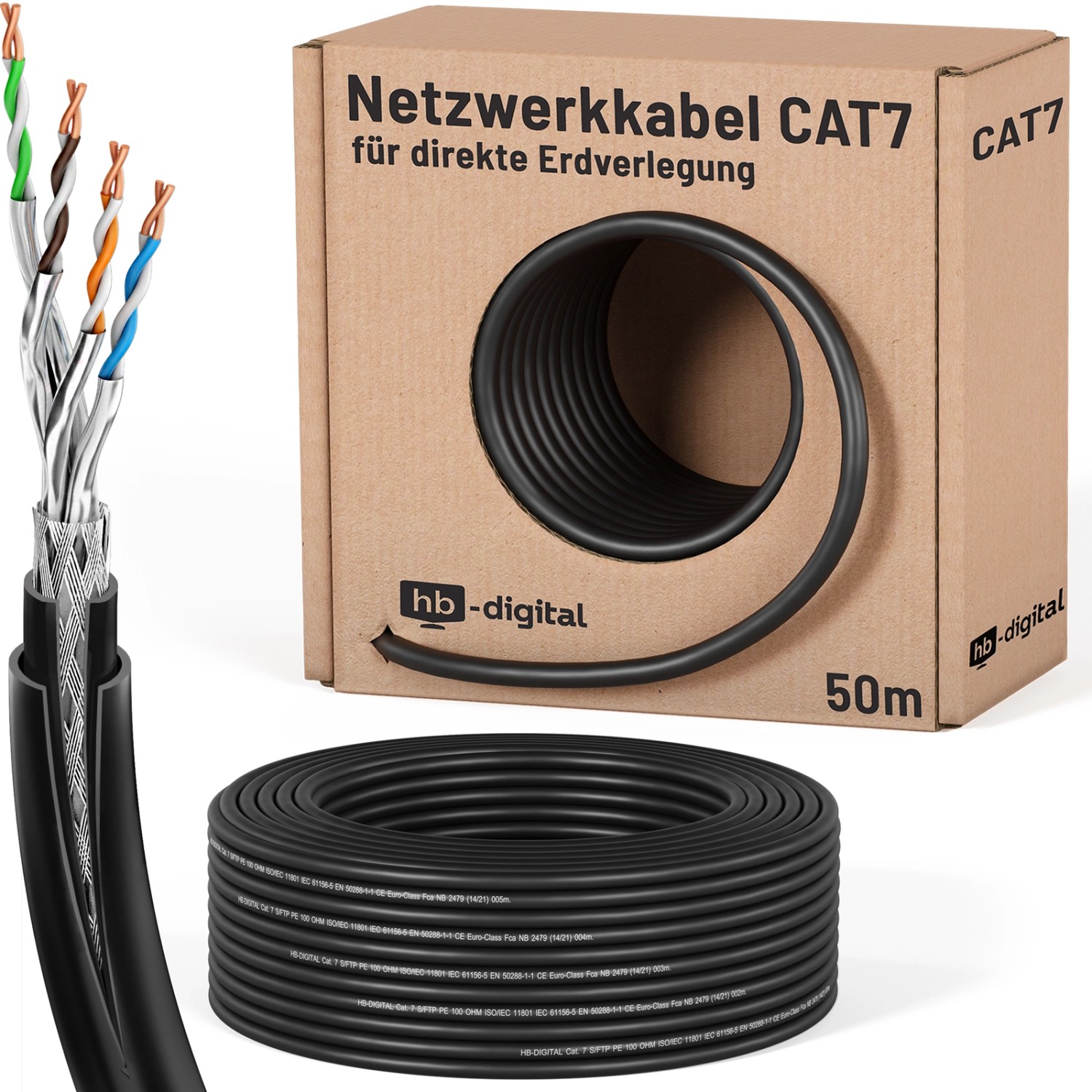 hb-digital 50m CAT 7 Erdverlegekabel Doppelmantel S/FTP PVC + LLDPE AWG23 für Außenbereich