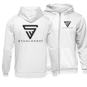 STAHLWERK Hoodie, weiß, Größe M: Kapuzenpullover mit Reißverschluss und Logo für Arbeitskleidung.